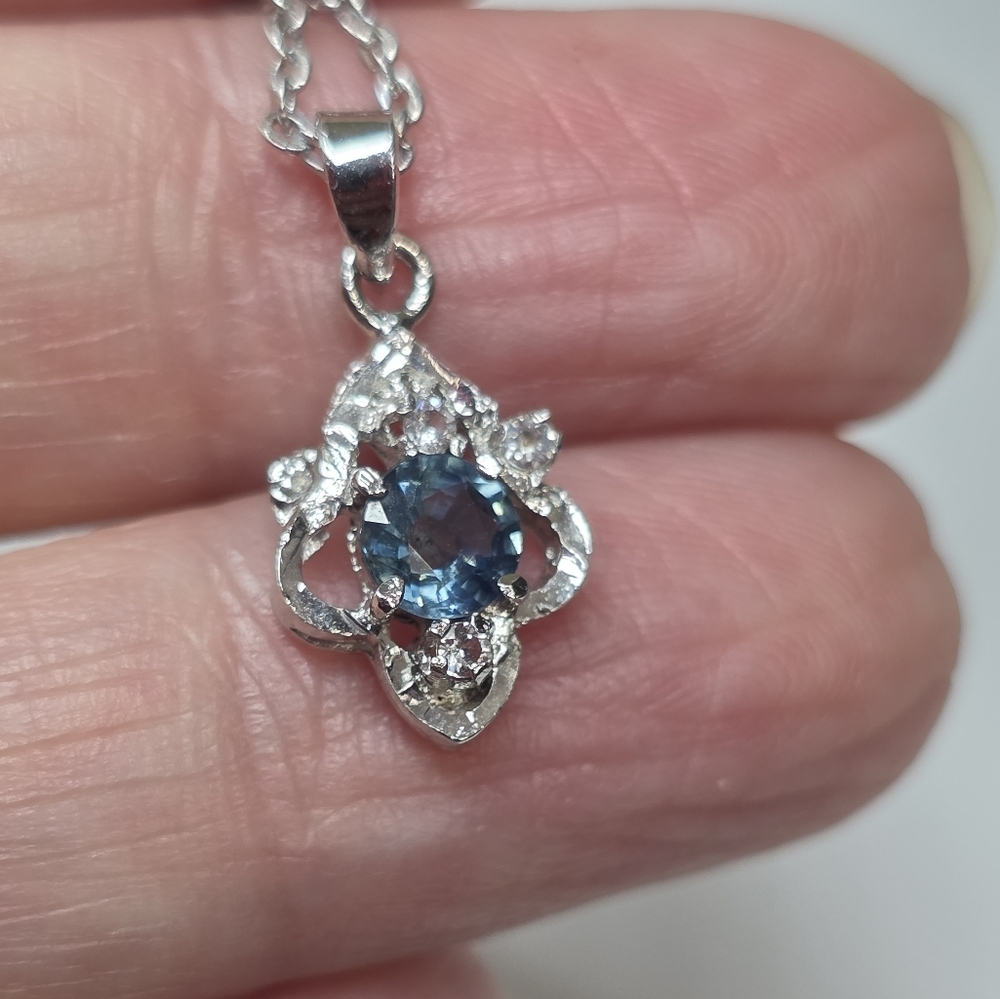 vintage blue gemstone sterling silver 925 Dainty Delicate Halo pendant necklace